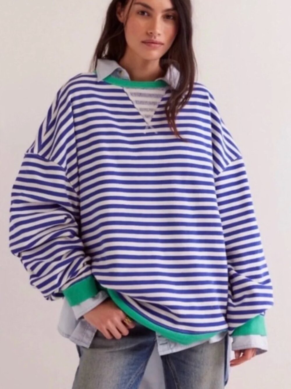 We The Free Free People Blue Green Striped Sweatshirt Small Slouchy Pullover S